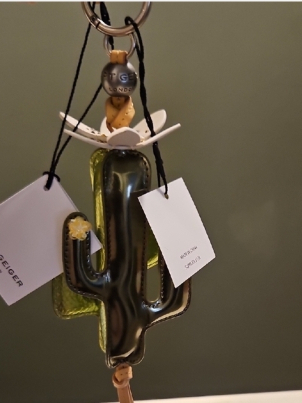 Kurt Geiger Metallic Green Cactus Key & Card Holder with Yellow Flower Accents